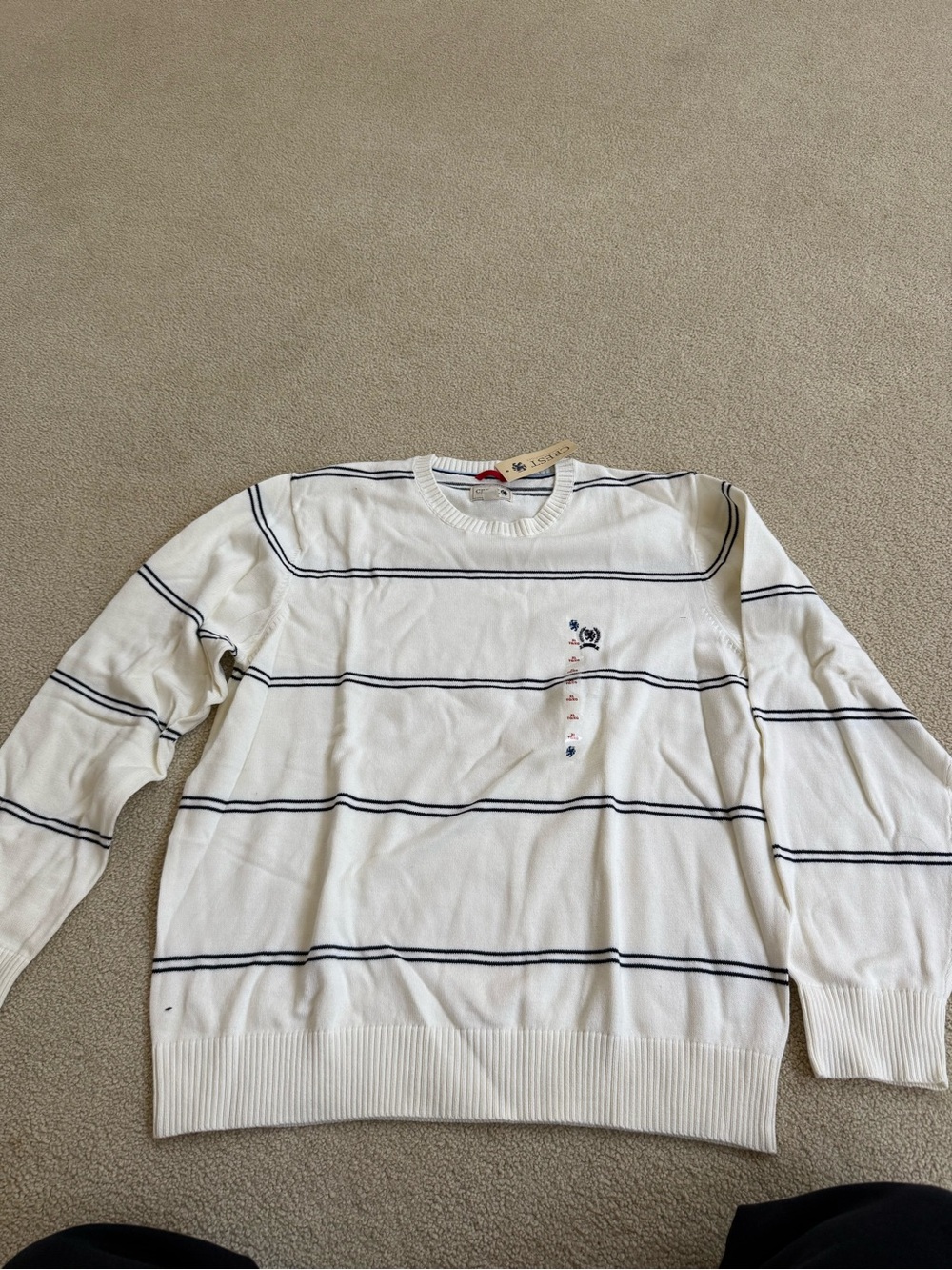 Crest White Crewneck Sweater with Navy Stripes